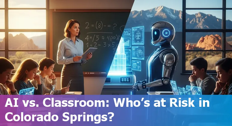Teacher at a Colorado Springs classroom using AI tools on a laptop while collaborating with students.