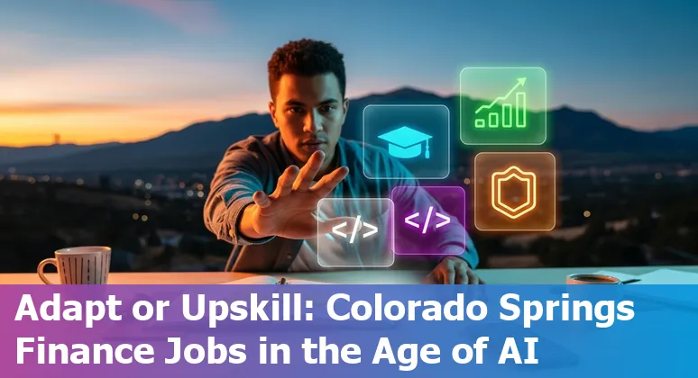 Finance professional using AI tools on a laptop in Colorado Springs, US skyline in background