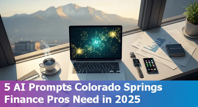Finance professional using AI prompts on a laptop with Colorado Springs skyline in background