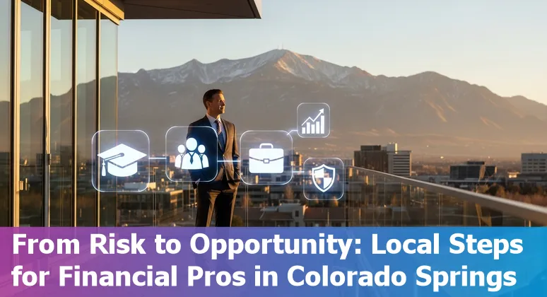 Colorado Springs financial services workers adapting to AI with laptops, training materials, and city skyline