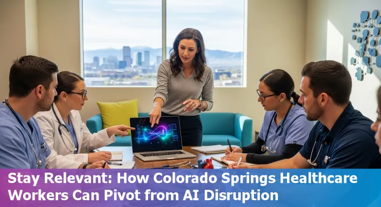 Healthcare workers in Colorado Springs discussing AI tools over electronic medical records on a tablet in a clinic.