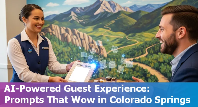 Hotel front desk agent using AI tablet with Colorado Springs mountains in background