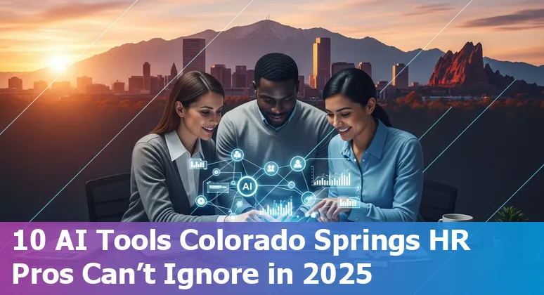 HR professional using AI tools on a laptop with Colorado Springs skyline in background