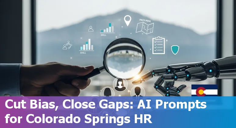 HR professional using AI prompts on a laptop in an office with a Colorado Springs view.