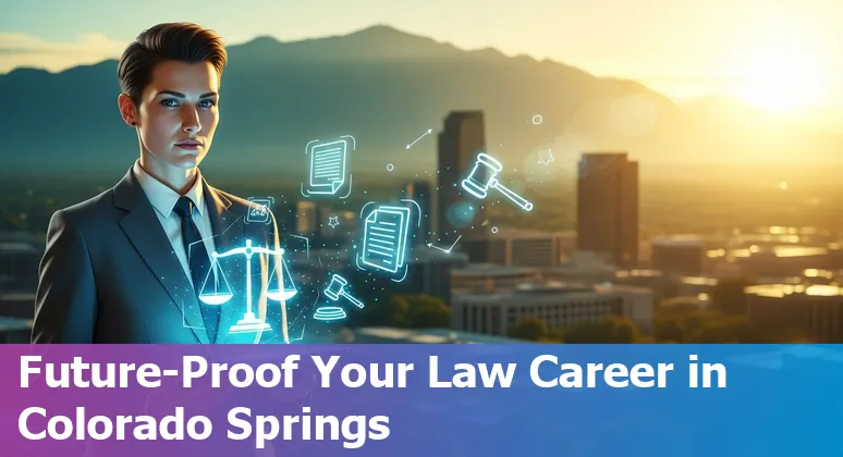 Lawyer using AI tools on laptop with Colorado Springs skyline in the background — Colorado, USA