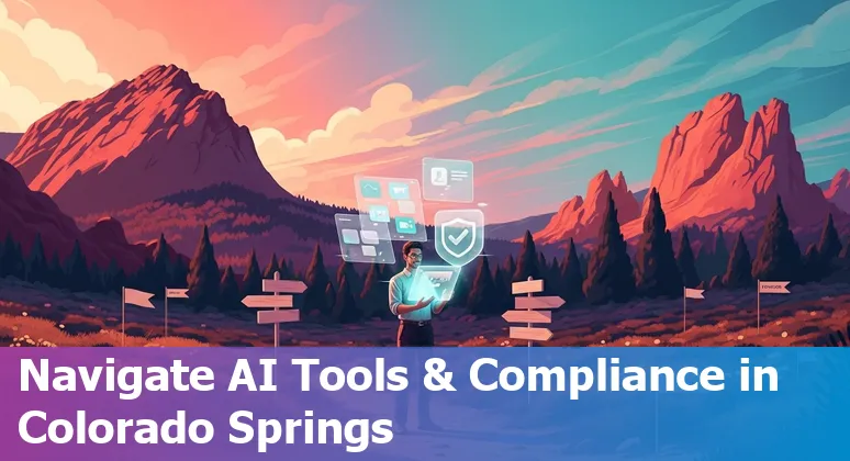 Marketing professional using AI tools with Colorado Springs city skyline and Pikes Peak in the background, Colorado, US