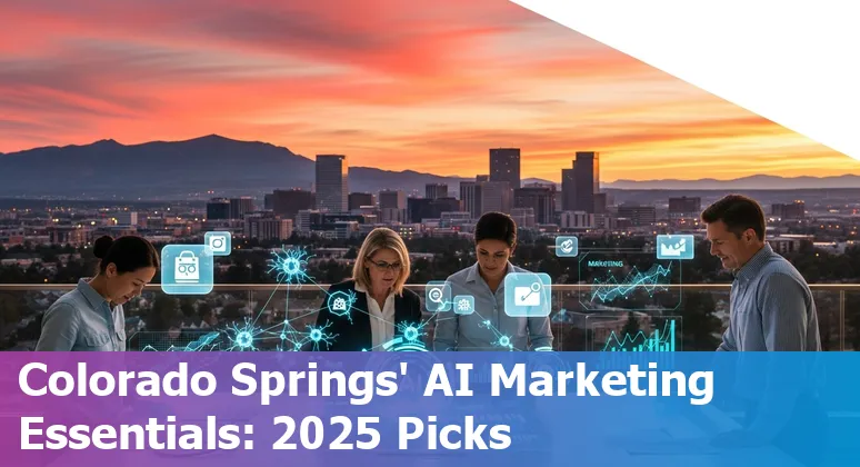 Marketing professional using AI tools on a laptop with Colorado Springs skyline in the background