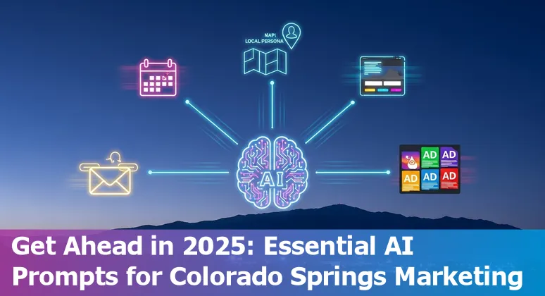 Illustration of a Colorado Springs marketer using AI prompts on a laptop with Pikes Peak in the background.