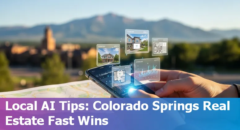 AI-generated virtual tour of a Colorado Springs home with mountain views and Garden of the Gods in the distance.