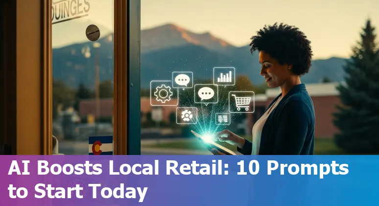 Retail store manager using AI prompts on a laptop with Colorado Springs skyline in background.
