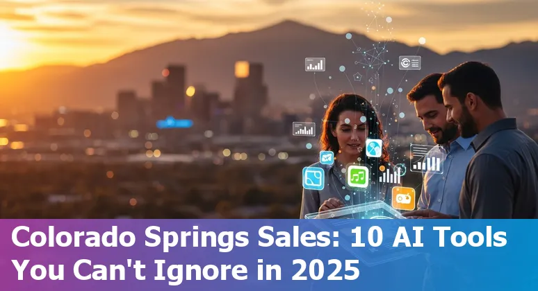 Sales rep in Colorado Springs using AI sales tools dashboard with Pikes Peak skyline in background