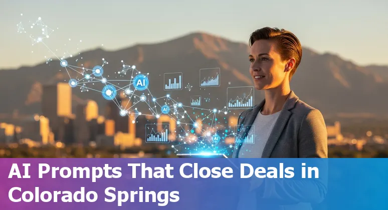 Sales professional using AI prompts on laptop with Colorado Springs skyline in the background