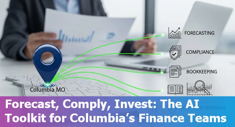 Finance professional using AI dashboard with logos of Arya.ai, Zest AI, AlphaSense and Tipalti on screen in Columbia, Missouri.