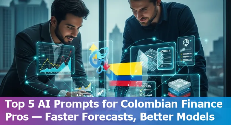 Financial professional using AI prompts on a laptop showing cash runway and AR aging charts with COP/USD labels.