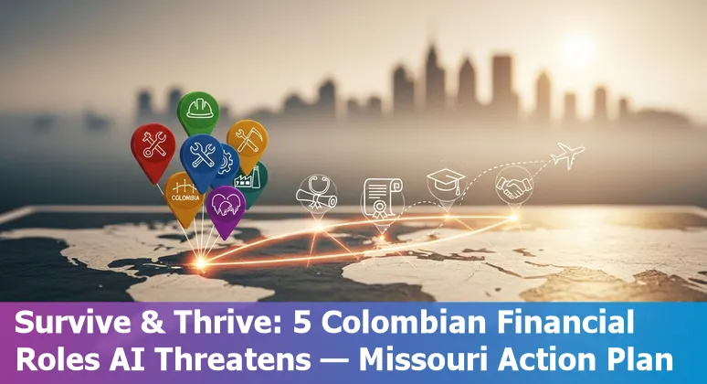 Illustration of financial services workers and AI tools showing jobs at risk and upskilling pathways