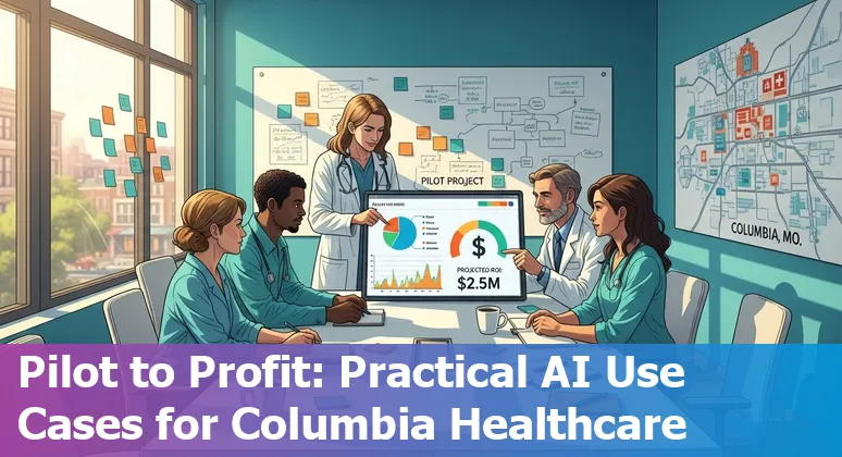 Illustration of AI healthcare use cases in Columbia, Missouri, showing hospital, radiology, EHR, and voice assistant icons.