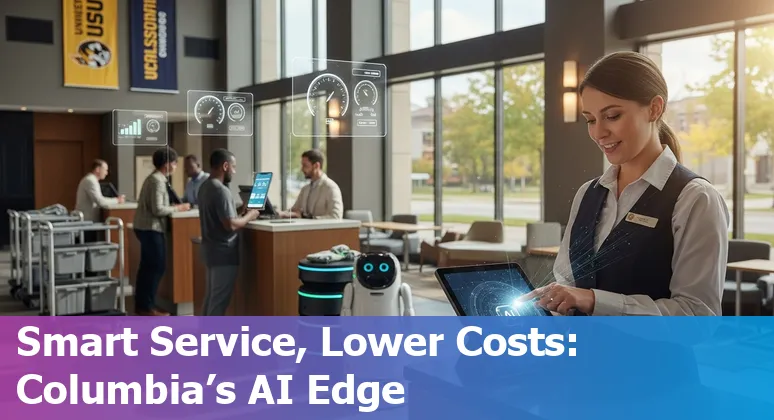 Hospitality staff using AI-driven kiosk and dashboard in Columbia, Missouri hotel lobby