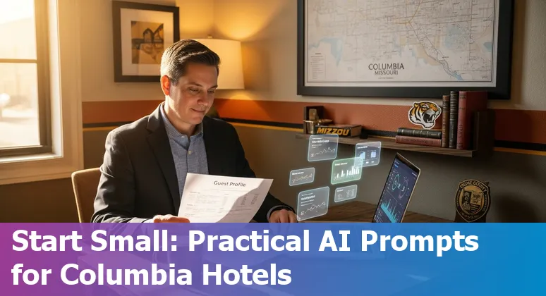 Hotel front desk with AI chatbot overlay and Columbia, Missouri skyline in background