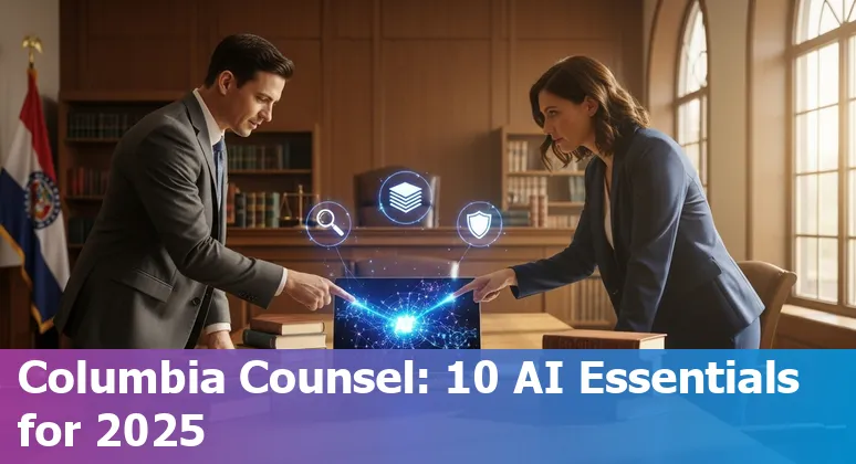Lawyer using AI tools on a laptop in an office in Columbia, Missouri, with legal documents and code on screen.