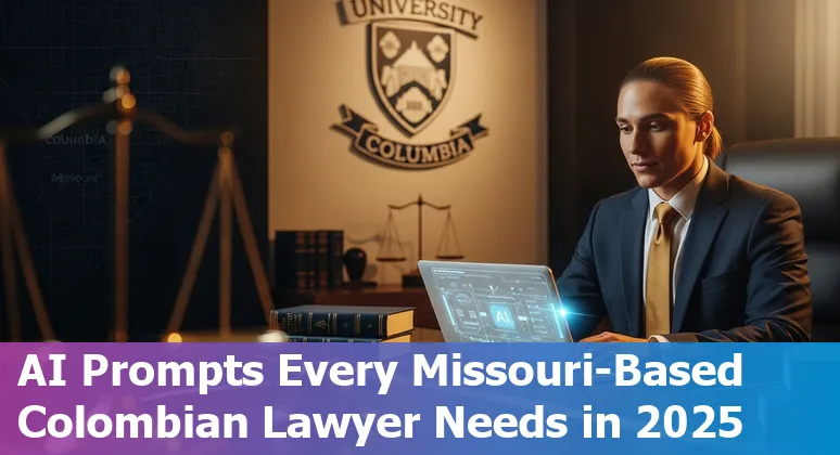 Lawyer using AI prompts on a laptop with Colombian legal texts and Missouri courthouse background.