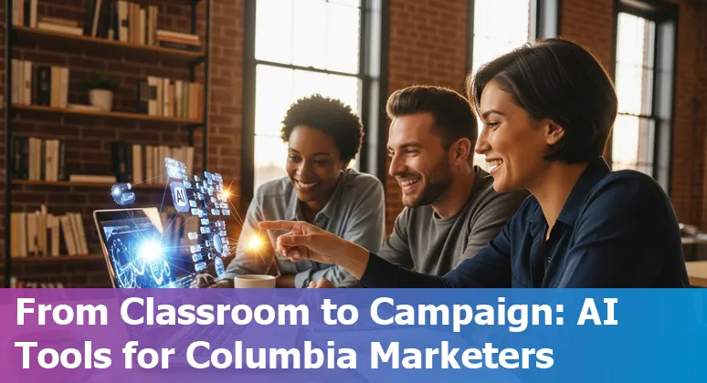 Marketing professional using AI tools in Columbia, Missouri: laptop, prompts, and local skyline in 2025