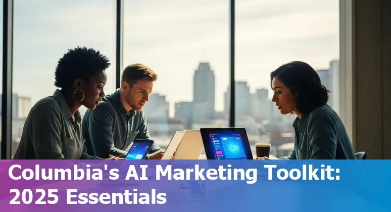Columbia Missouri marketer using AI tools on laptop with icons for Google AI, HubSpot, Segment, StackAdapt, Klaviyo.