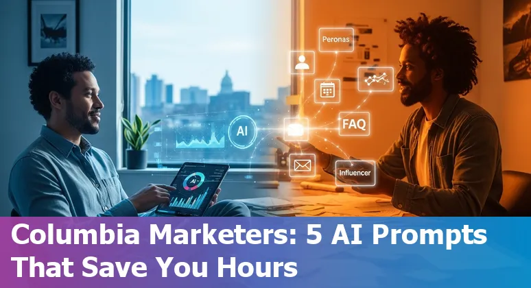 Marketing professional using AI prompts on laptop with Columbia, Missouri landmarks in background
