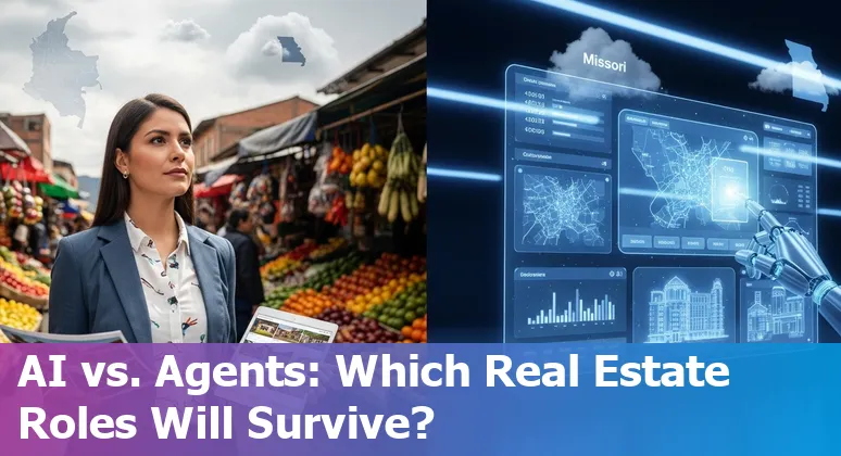 Real estate agent using laptop and VR headset with data charts overlay, representing AI impact and adaptation in Colombia and Missouri.