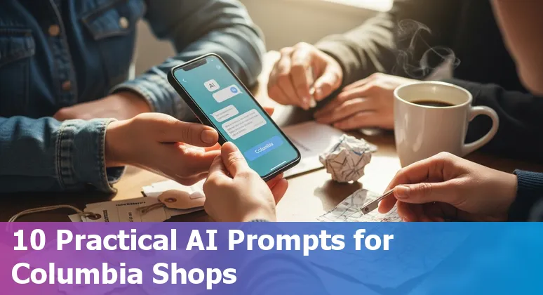 Illustration of Columbia, Missouri retail storefronts with AI icons representing personalization, inventory, chatbots, and pricing.