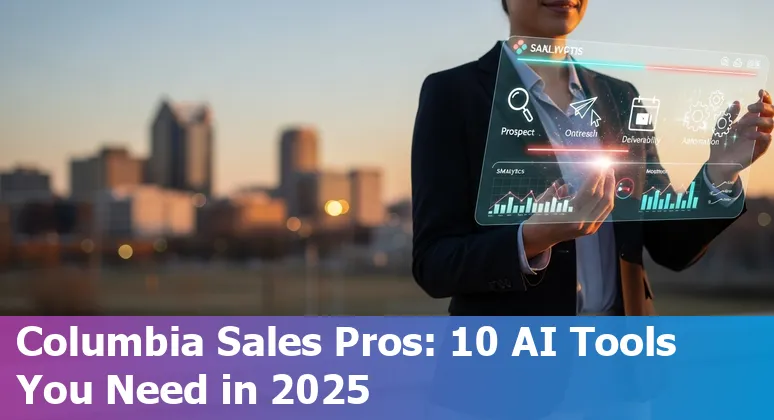 Columbia Missouri sales professional using AI tools on a laptop with city skyline in background.