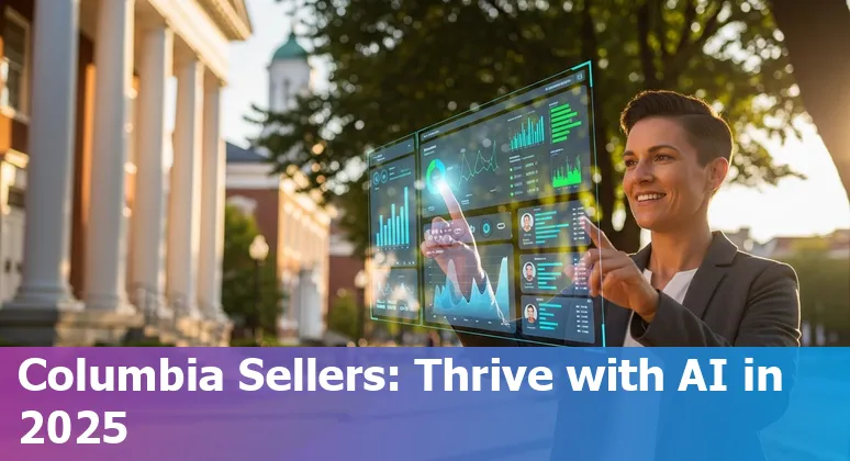Salesperson using AI tools on laptop in Columbia, Missouri office — will AI replace sales jobs in Columbia, MO in 2025?