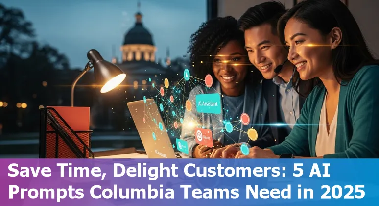 Customer service agent in Columbia, SC using AI prompts on a laptop, with University of South Carolina campus in the background.