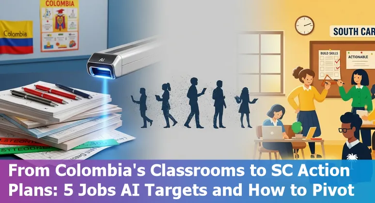 Teacher reviewing AI tools on a laptop while staff discuss reskilling steps in a school meeting