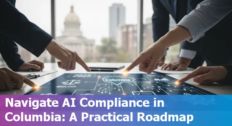 Illustration of AI in financial services with Columbia, South Carolina skyline and 2025 tech icons
