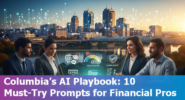 Illustration of AI use cases in financial services with Columbia, South Carolina landmarks and icons for chatbots, fraud detection, credit scoring, compliance.