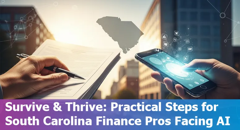 Columbia South Carolina financial district with overlaid AI icons and workers adapting skills