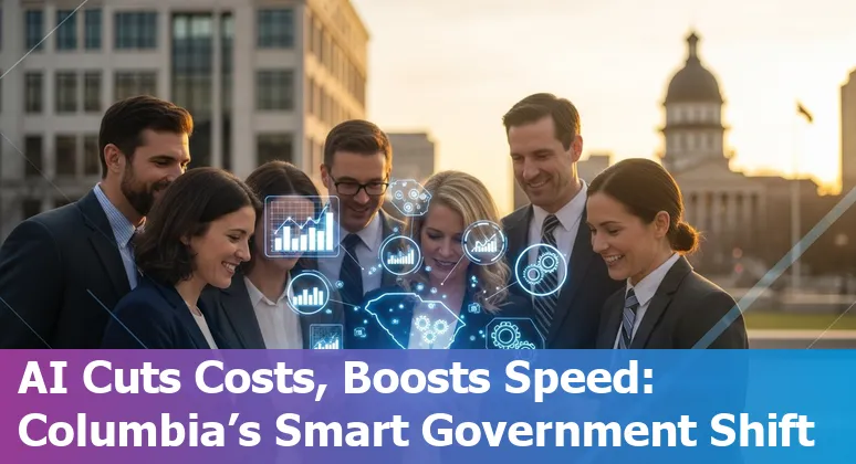 Columbia, South Carolina city government building with AI and data overlays showing cost savings and efficiency improvements in South Carolina