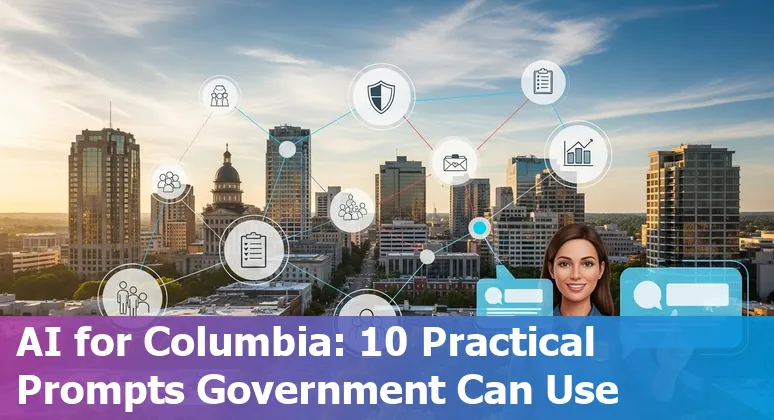 Columbia, South Carolina city hall with AI icons representing chatbots, analytics, and governance.