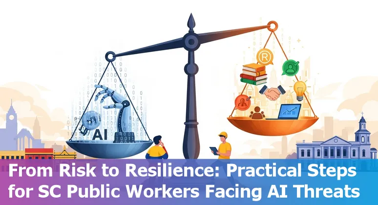 Government worker reviewing AI-assisted translation and reskilling checklist for public sector adaptation.