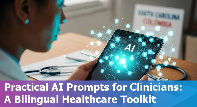 Healthcare worker using AI on tablet with hospital in Columbia, South Carolina in the background