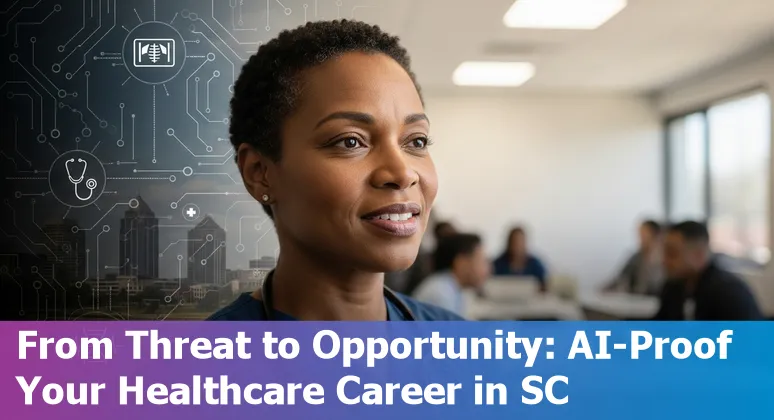 Healthcare professionals discussing AI impact with icons for coding, radiology, documentation, nursing, and pharmacy.
