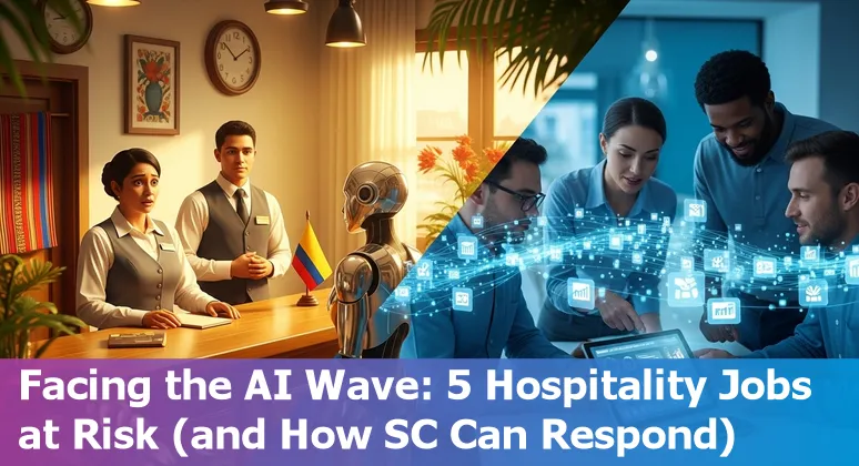 Hotel front desk with chatbot interaction on tablet; staff and guest adapting to AI-driven hospitality tools.