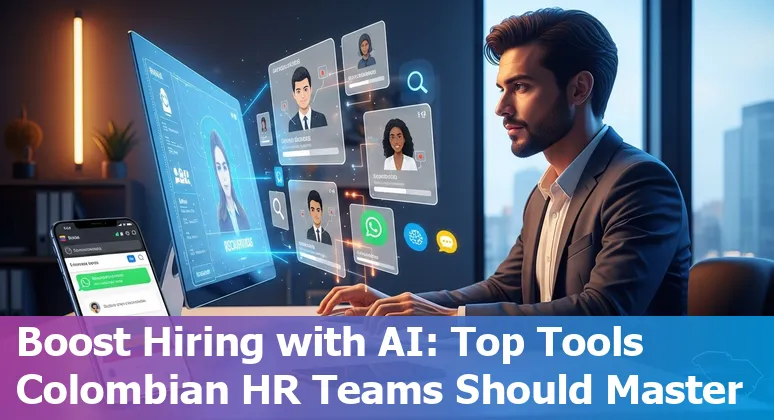 Illustration of HR professionals using AI tools like Paradox, Eightfold, Lattice and ChatGPT with Colombian flag elements and WhatsApp icons.