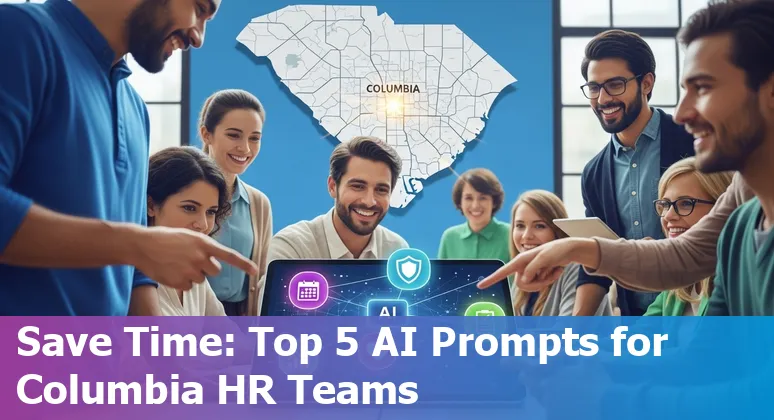 HR professional using AI prompts on a laptop with Columbia, SC landmarks in background.