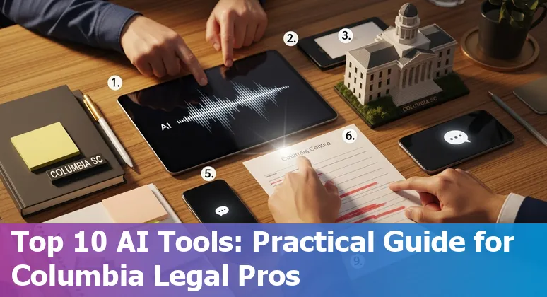 Row of legal tech logos and a lawyer using AI tools on a laptop in a South Carolina law office.