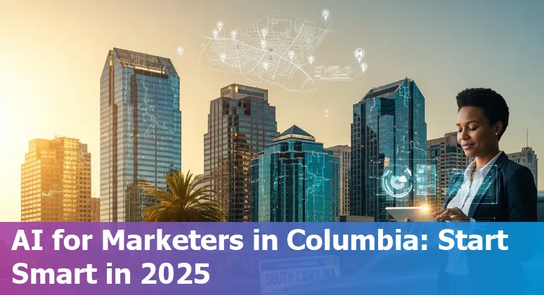 Marketing professional using AI tools in Columbia, South Carolina in 2025, showing local skyline and dashboard