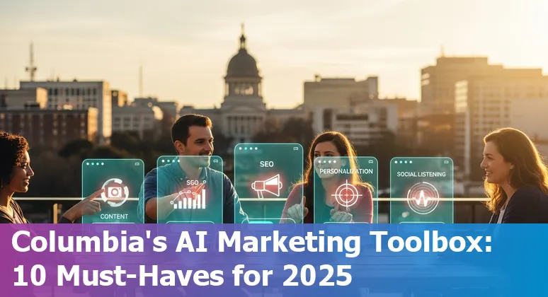 Collage of AI marketing tools logos (Jasper, MarketMuse, Frase, Surfer SEO, Grammarly, Canva, Lumen5, DeepBrain, Smartly.io, Optimove, Brandwatch) over Columbia, SC skyline