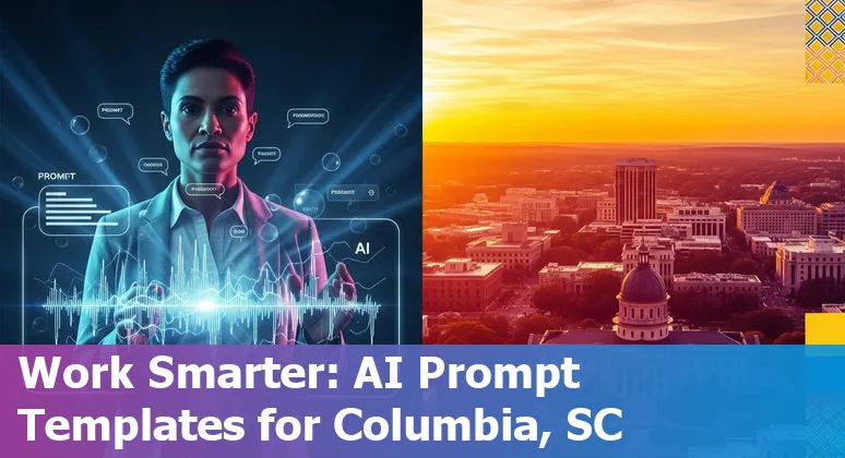 Marketing professional using AI prompts on a laptop with Colombian cultural elements and South Carolina skyline.
