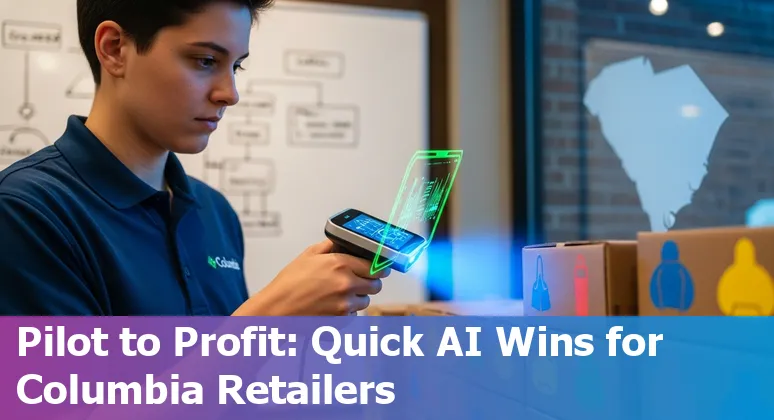 Retail store using AI tools in Columbia, SC in 2025 showing POS, analytics dashboard, and local college partnership signage