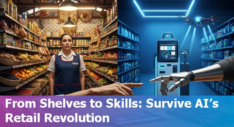 Retail worker using handheld POS device next to self-checkout kiosks, illustrating AI automation and adaptation.